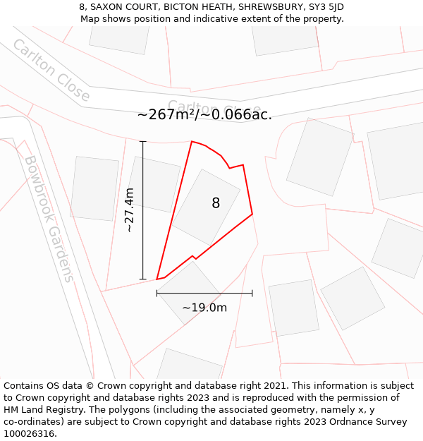 8, SAXON COURT, BICTON HEATH, SHREWSBURY, SY3 5JD: Plot and title map