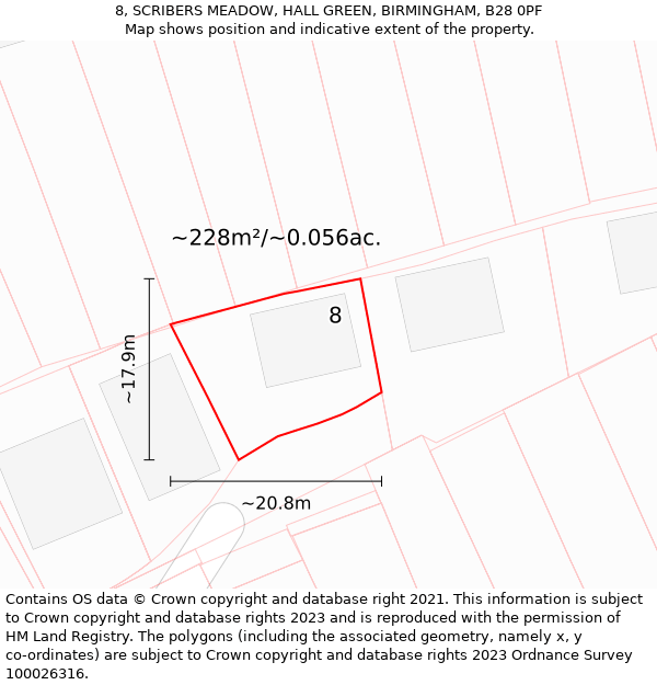 8, SCRIBERS MEADOW, HALL GREEN, BIRMINGHAM, B28 0PF: Plot and title map