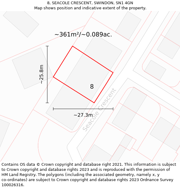 8, SEACOLE CRESCENT, SWINDON, SN1 4GN: Plot and title map