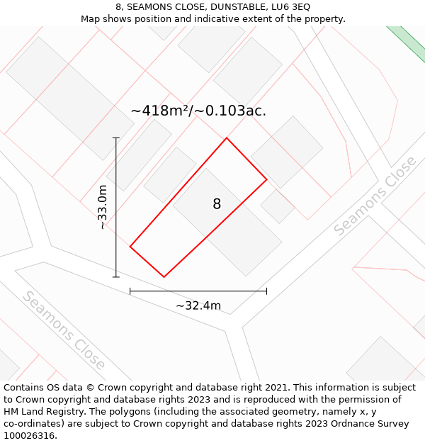 8, SEAMONS CLOSE, DUNSTABLE, LU6 3EQ: Plot and title map