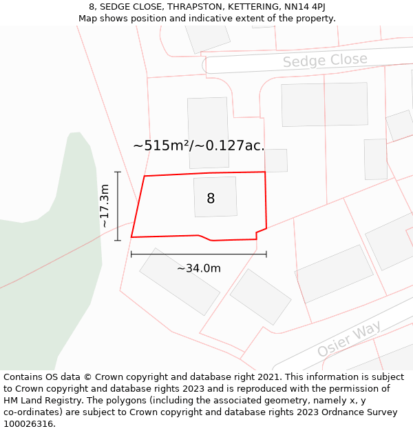 8, SEDGE CLOSE, THRAPSTON, KETTERING, NN14 4PJ: Plot and title map