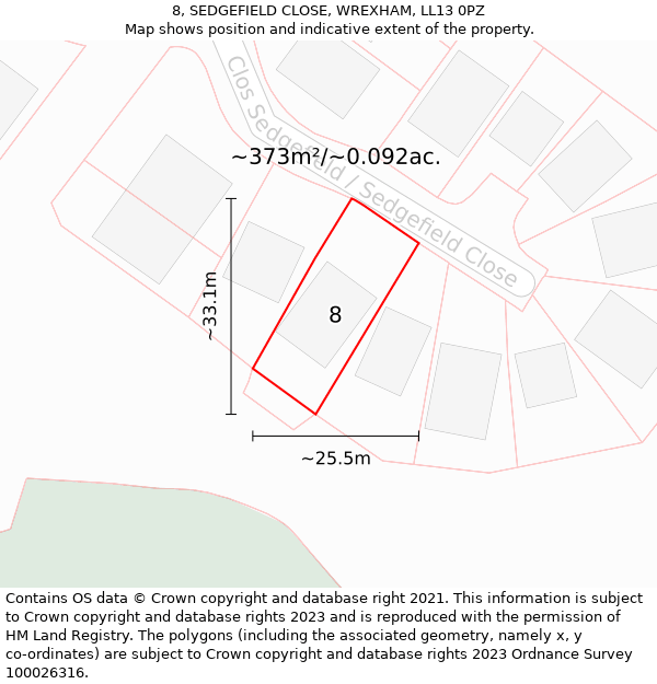 8, SEDGEFIELD CLOSE, WREXHAM, LL13 0PZ: Plot and title map