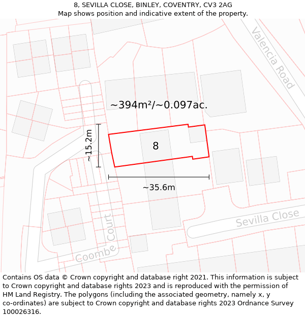 8, SEVILLA CLOSE, BINLEY, COVENTRY, CV3 2AG: Plot and title map