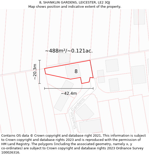 8, SHANKLIN GARDENS, LEICESTER, LE2 3QJ: Plot and title map