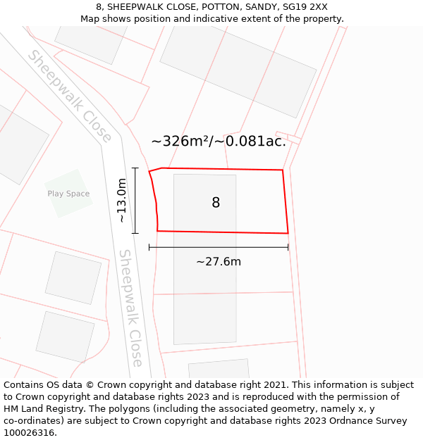 8, SHEEPWALK CLOSE, POTTON, SANDY, SG19 2XX: Plot and title map