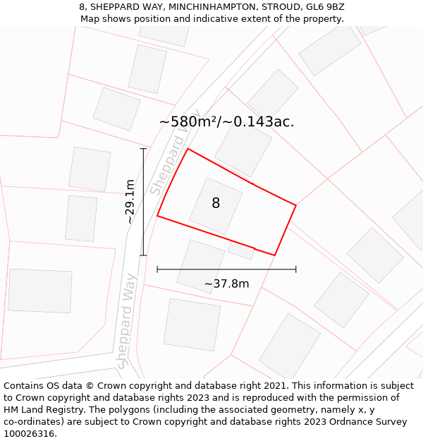 8, SHEPPARD WAY, MINCHINHAMPTON, STROUD, GL6 9BZ: Plot and title map