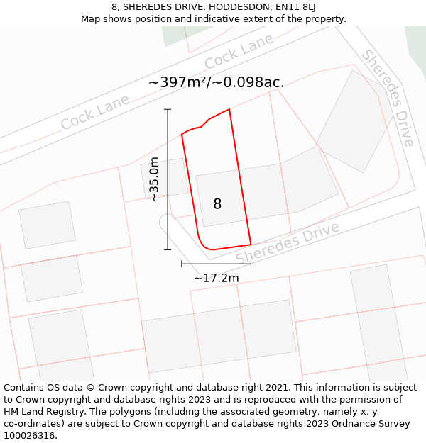 8, SHEREDES DRIVE, HODDESDON, EN11 8LJ: Plot and title map