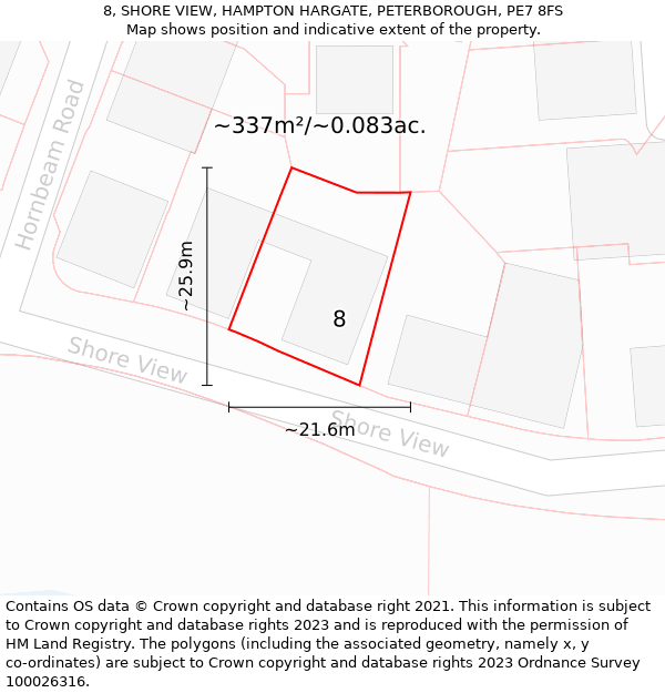 8, SHORE VIEW, HAMPTON HARGATE, PETERBOROUGH, PE7 8FS: Plot and title map