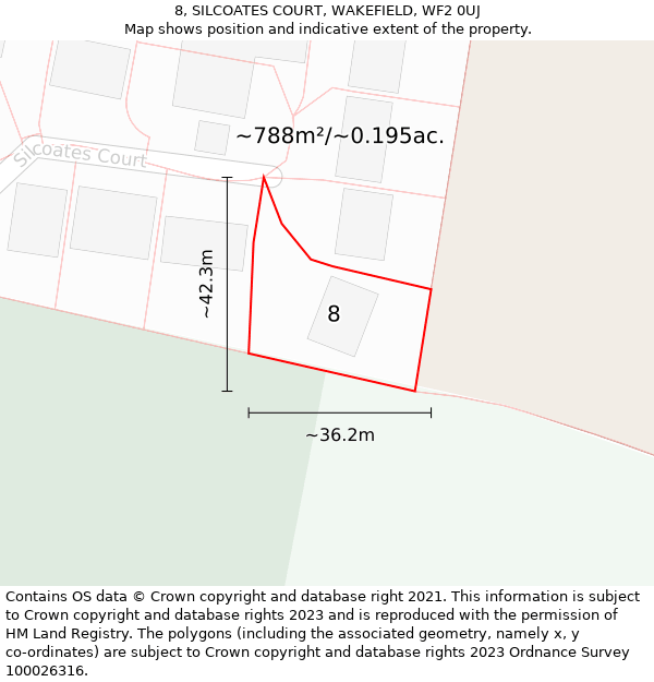 8, SILCOATES COURT, WAKEFIELD, WF2 0UJ: Plot and title map