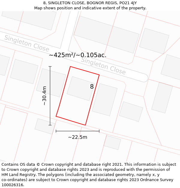 8, SINGLETON CLOSE, BOGNOR REGIS, PO21 4JY: Plot and title map