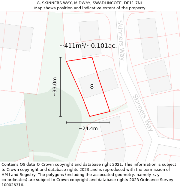 8, SKINNERS WAY, MIDWAY, SWADLINCOTE, DE11 7NL: Plot and title map