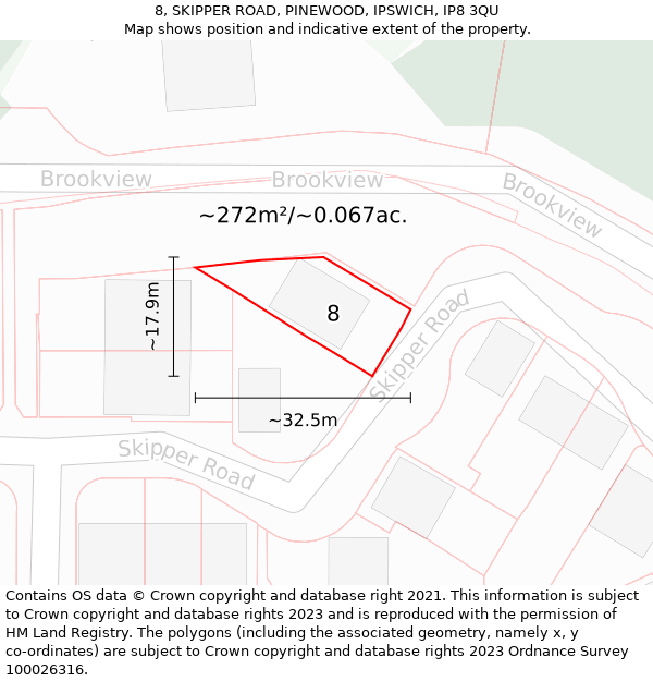 8, SKIPPER ROAD, PINEWOOD, IPSWICH, IP8 3QU: Plot and title map