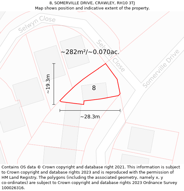 8, SOMERVILLE DRIVE, CRAWLEY, RH10 3TJ: Plot and title map