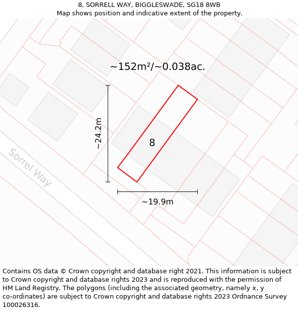 8, SORRELL WAY, BIGGLESWADE, SG18 8WB: Plot and title map