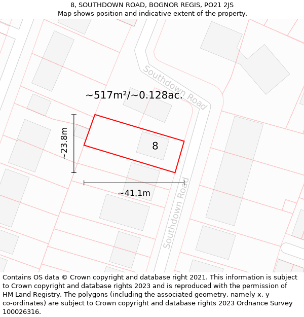 8, SOUTHDOWN ROAD, BOGNOR REGIS, PO21 2JS: Plot and title map