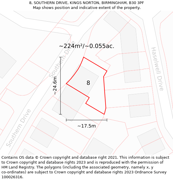 8, SOUTHERN DRIVE, KINGS NORTON, BIRMINGHAM, B30 3PF: Plot and title map