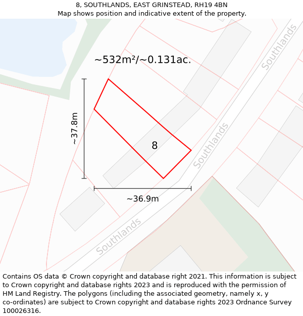 8, SOUTHLANDS, EAST GRINSTEAD, RH19 4BN: Plot and title map