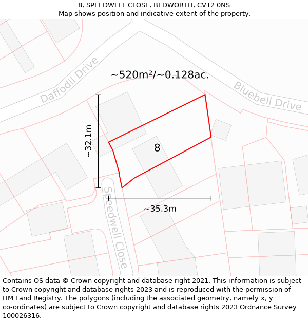 8, SPEEDWELL CLOSE, BEDWORTH, CV12 0NS: Plot and title map