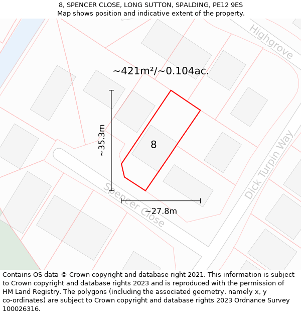 8, SPENCER CLOSE, LONG SUTTON, SPALDING, PE12 9ES: Plot and title map