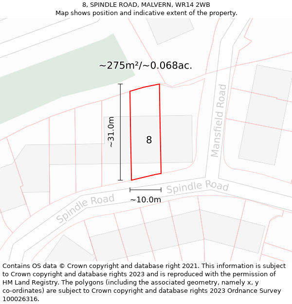 8, SPINDLE ROAD, MALVERN, WR14 2WB: Plot and title map