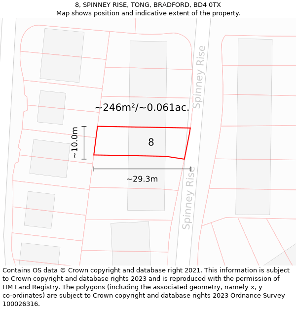 8, SPINNEY RISE, TONG, BRADFORD, BD4 0TX: Plot and title map