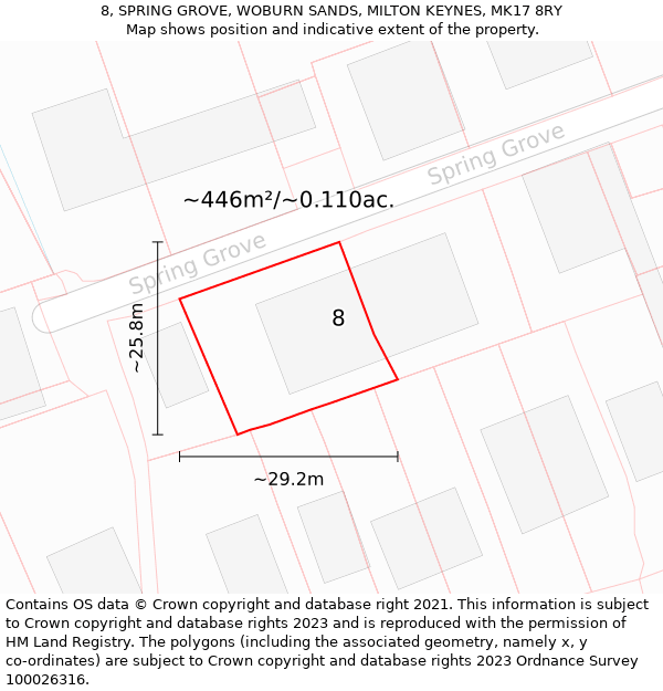 8, SPRING GROVE, WOBURN SANDS, MILTON KEYNES, MK17 8RY: Plot and title map