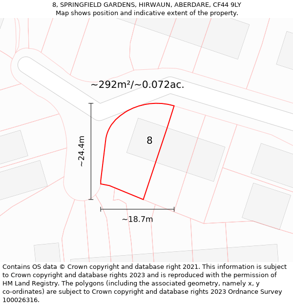 8, SPRINGFIELD GARDENS, HIRWAUN, ABERDARE, CF44 9LY: Plot and title map