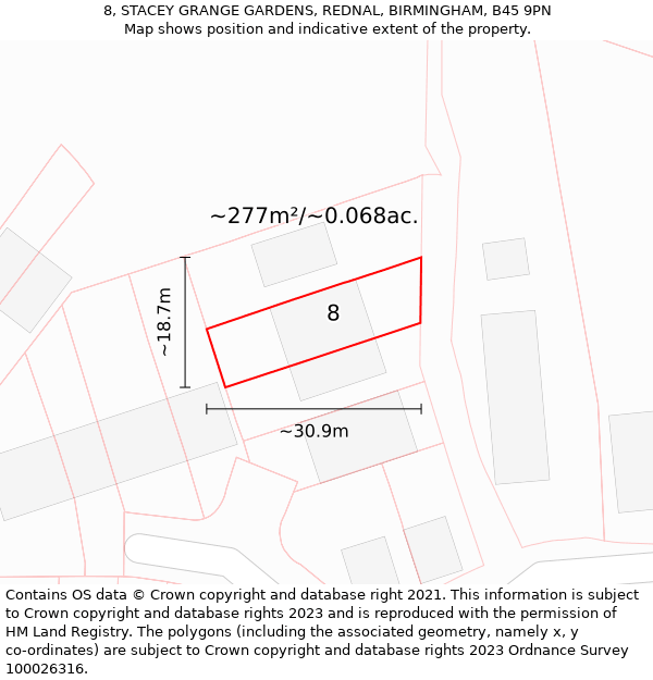 8, STACEY GRANGE GARDENS, REDNAL, BIRMINGHAM, B45 9PN: Plot and title map