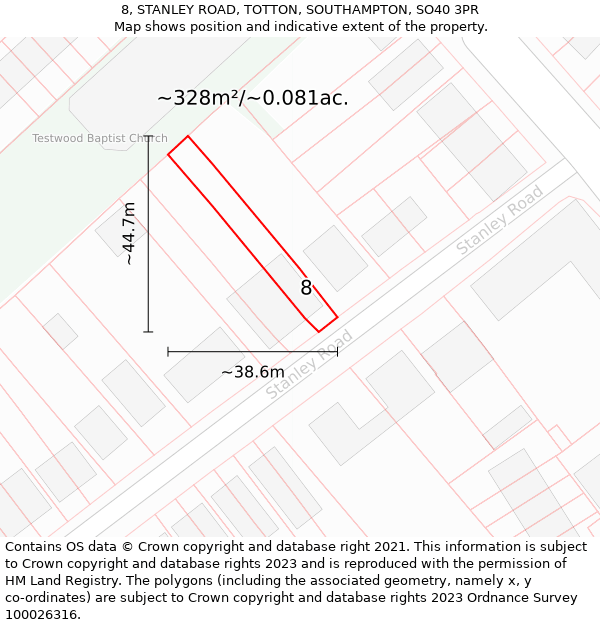 8, STANLEY ROAD, TOTTON, SOUTHAMPTON, SO40 3PR: Plot and title map