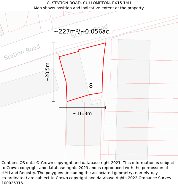 8, STATION ROAD, CULLOMPTON, EX15 1AH: Plot and title map