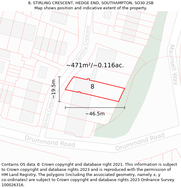 8, STIRLING CRESCENT, HEDGE END, SOUTHAMPTON, SO30 2SB: Plot and title map