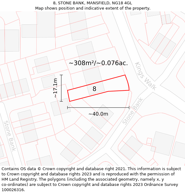 8, STONE BANK, MANSFIELD, NG18 4GL: Plot and title map