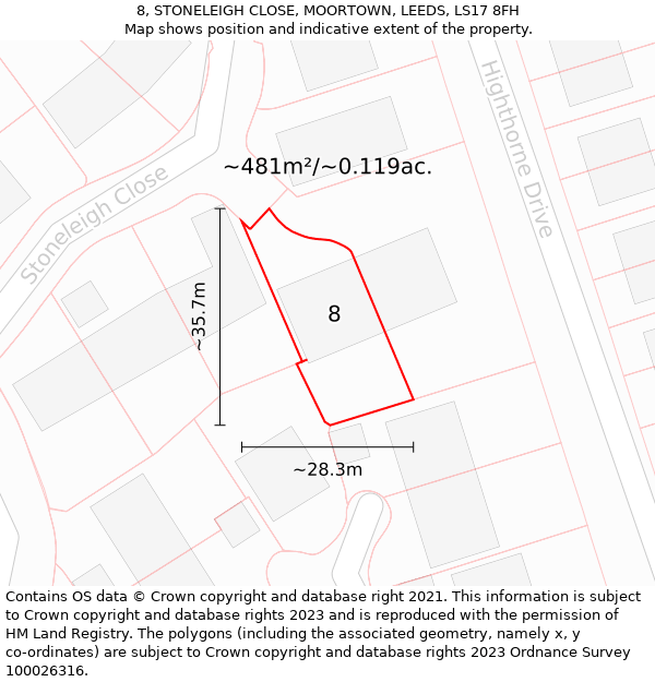 8, STONELEIGH CLOSE, MOORTOWN, LEEDS, LS17 8FH: Plot and title map