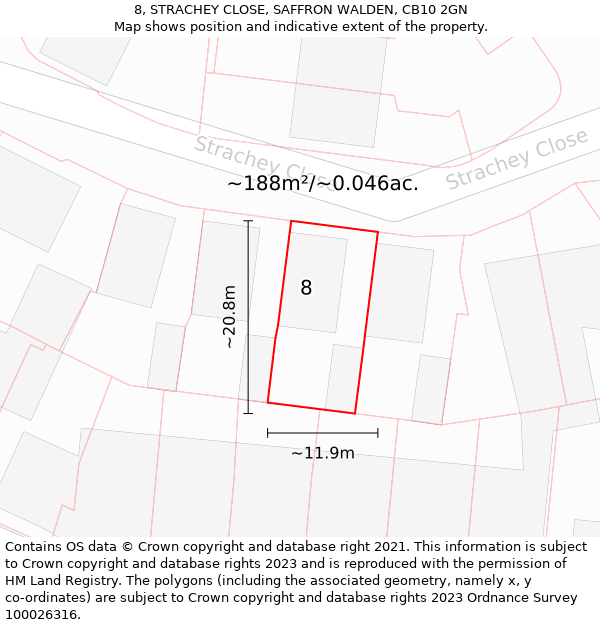 8, STRACHEY CLOSE, SAFFRON WALDEN, CB10 2GN: Plot and title map