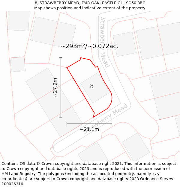 8, STRAWBERRY MEAD, FAIR OAK, EASTLEIGH, SO50 8RG: Plot and title map