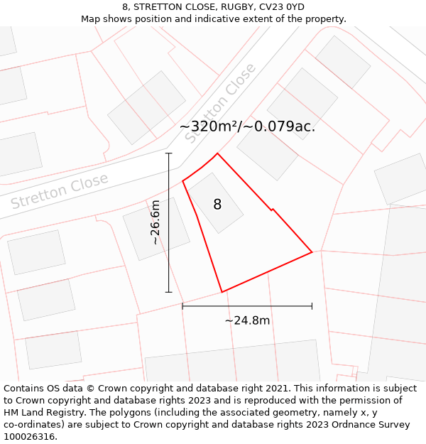 8, STRETTON CLOSE, RUGBY, CV23 0YD: Plot and title map
