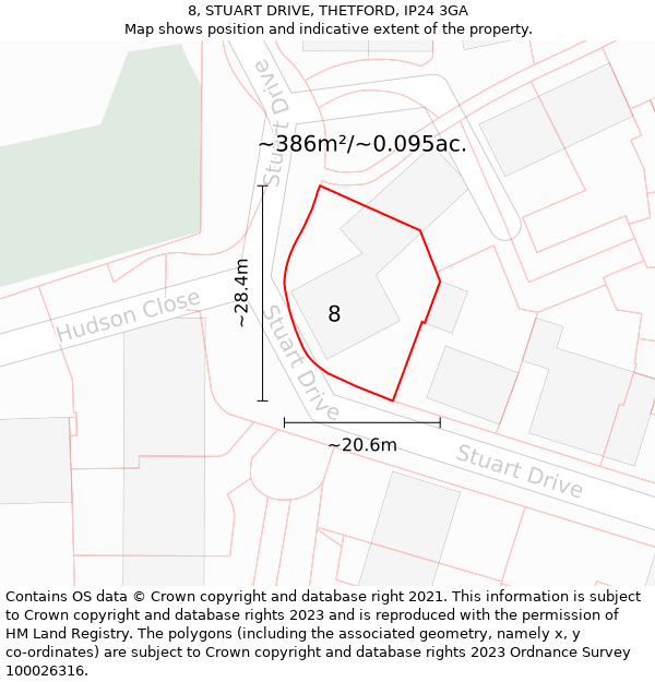 8, STUART DRIVE, THETFORD, IP24 3GA: Plot and title map