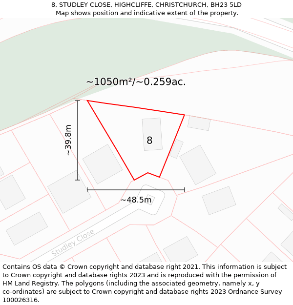 8, STUDLEY CLOSE, HIGHCLIFFE, CHRISTCHURCH, BH23 5LD: Plot and title map