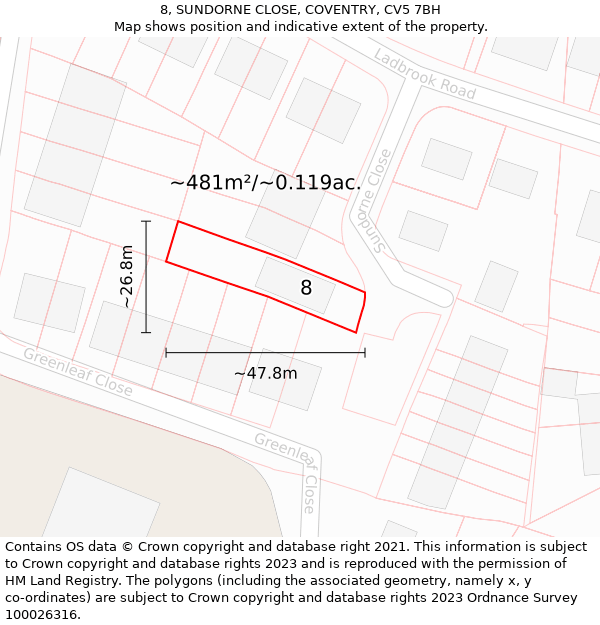 8, SUNDORNE CLOSE, COVENTRY, CV5 7BH: Plot and title map