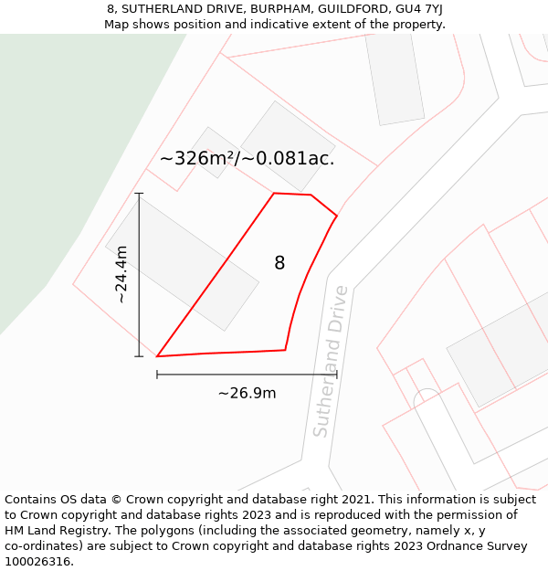 8, SUTHERLAND DRIVE, BURPHAM, GUILDFORD, GU4 7YJ: Plot and title map