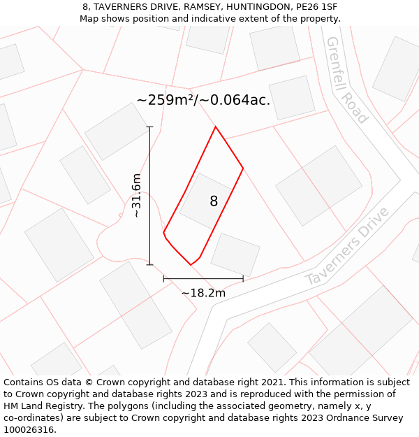 8, TAVERNERS DRIVE, RAMSEY, HUNTINGDON, PE26 1SF: Plot and title map