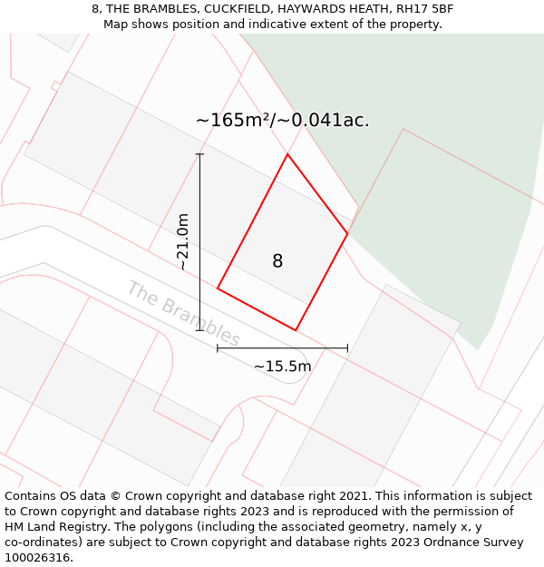 8, THE BRAMBLES, CUCKFIELD, HAYWARDS HEATH, RH17 5BF: Plot and title map