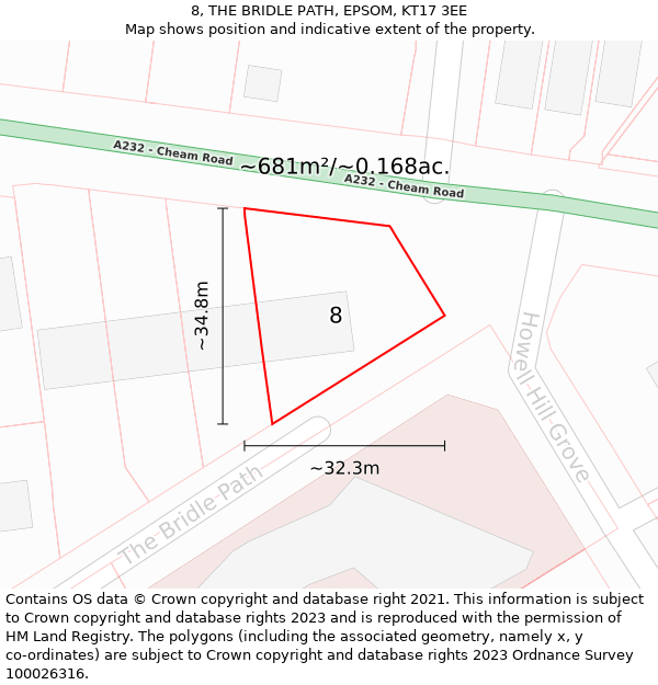 8, THE BRIDLE PATH, EPSOM, KT17 3EE: Plot and title map