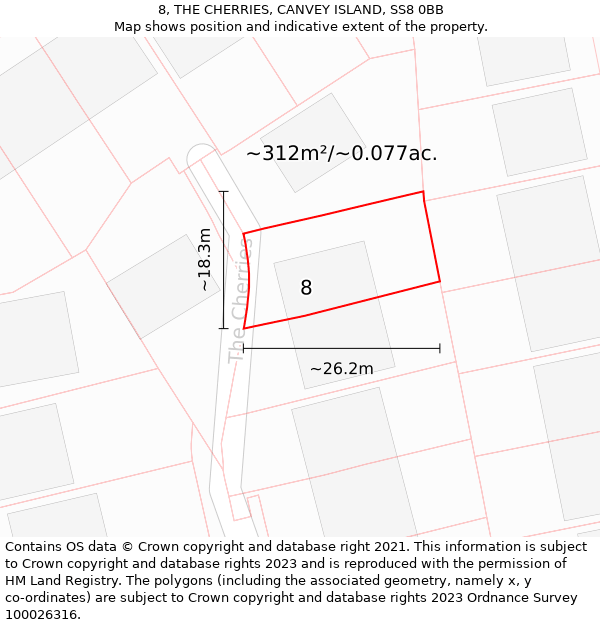 8, THE CHERRIES, CANVEY ISLAND, SS8 0BB: Plot and title map