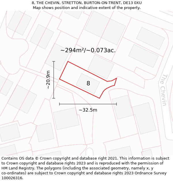 8, THE CHEVIN, STRETTON, BURTON-ON-TRENT, DE13 0XU: Plot and title map