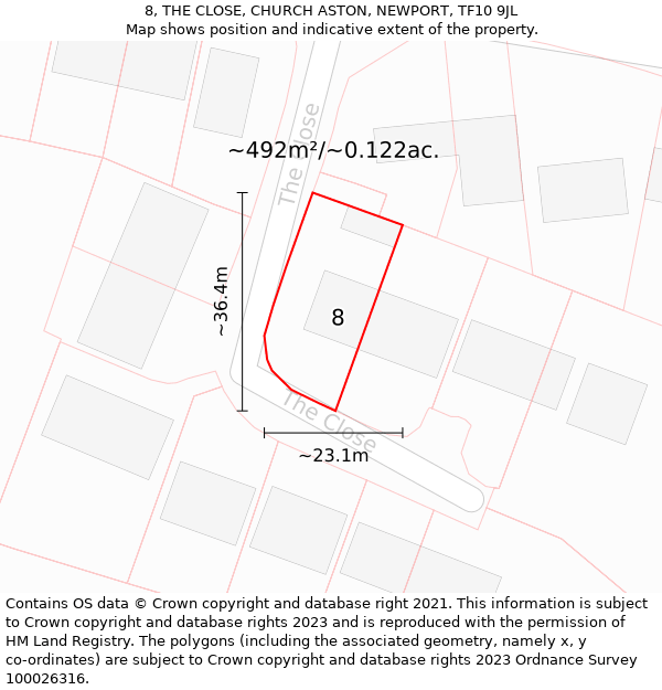 8, THE CLOSE, CHURCH ASTON, NEWPORT, TF10 9JL: Plot and title map