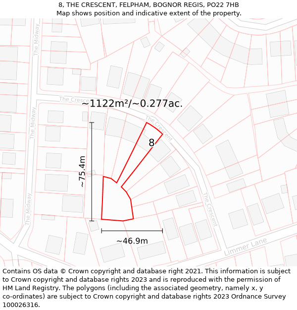 8, THE CRESCENT, FELPHAM, BOGNOR REGIS, PO22 7HB: Plot and title map