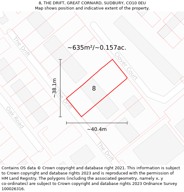 8, THE DRIFT, GREAT CORNARD, SUDBURY, CO10 0EU: Plot and title map