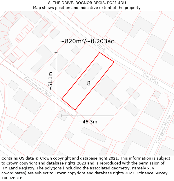 8, THE DRIVE, BOGNOR REGIS, PO21 4DU: Plot and title map