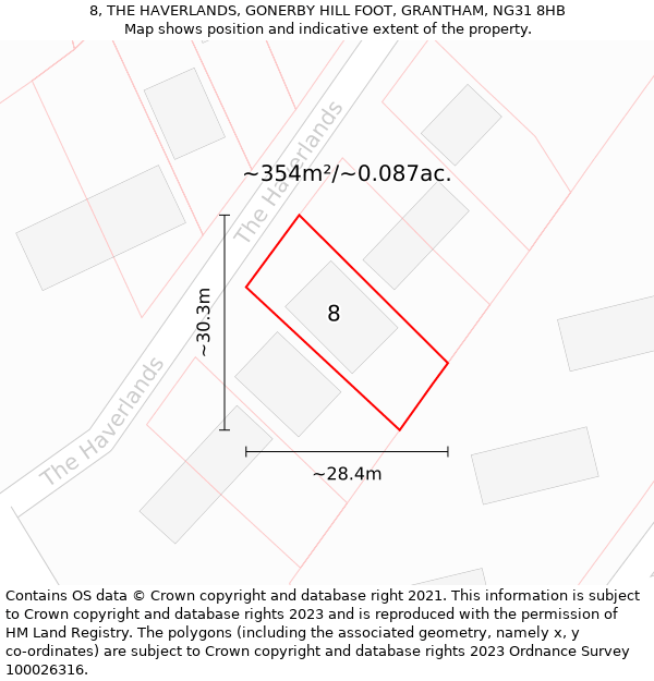 8, THE HAVERLANDS, GONERBY HILL FOOT, GRANTHAM, NG31 8HB: Plot and title map